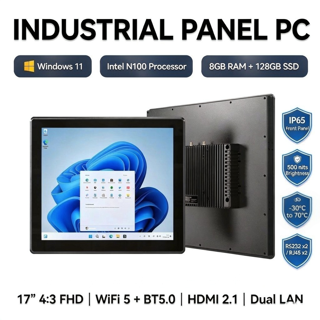 Tablets - 17インチ産業用堅牢防水防振パネルPC、Windows11、Intel N5100、8GBメモリ、128GBストレージ、IP65、RS232、RJ45、産業用タブレット。